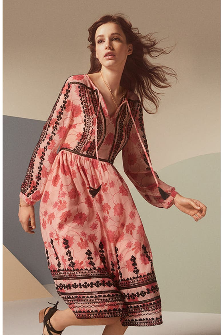 Embroidered Print Midi Dress, Alternate, color, PINK