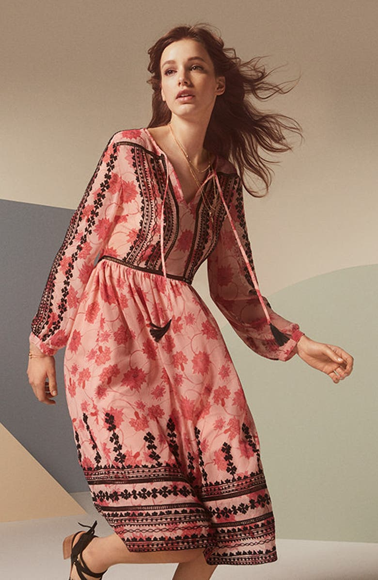 Topshop Embroidered Print Midi Dress, Alternate, color, 