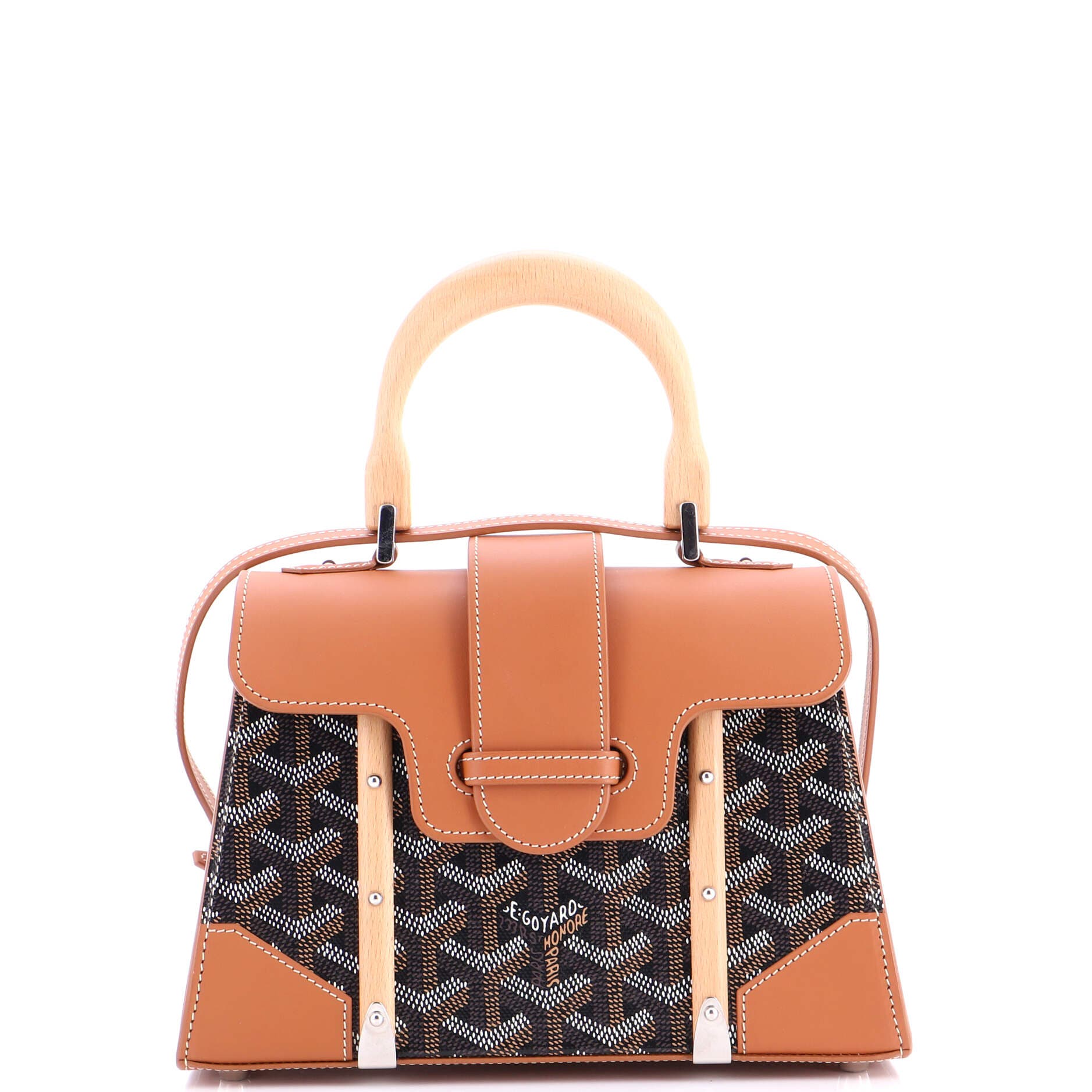 Pre-Owned Goyard Structured Saigon Top Handle Bag Coated Canvas with Leather Mini, Main, color, Brown