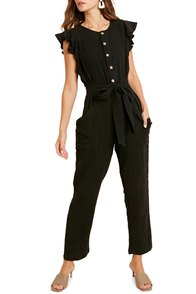 Cotton Flutter Sleeve Jumpsuit, Main, color, BLACK