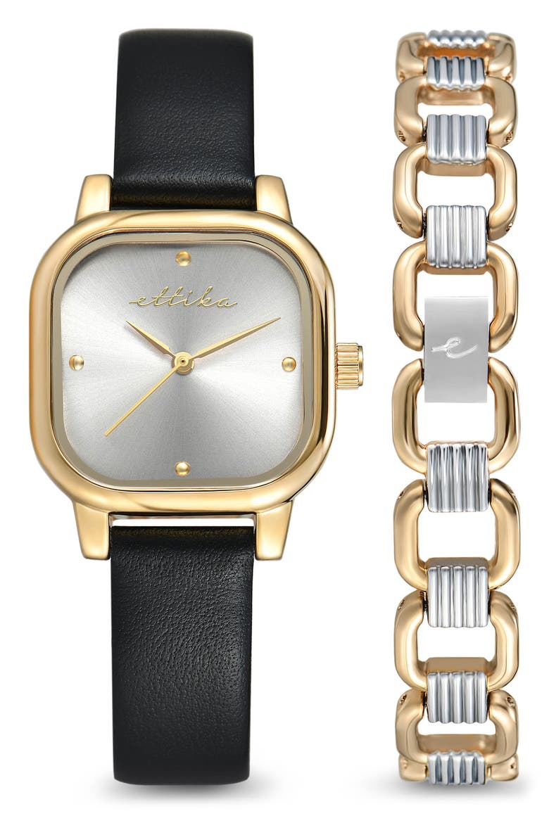 Classic Square Bracelet Watch & Leather Strap Set, Alternate, color, BLACK