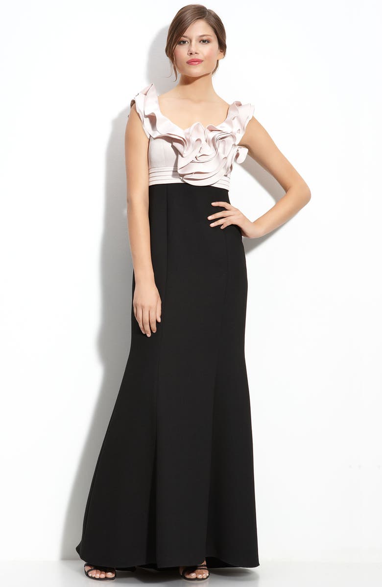 JS Collections Ruffle Trim Satin & Crepe Gown, Main, color, 