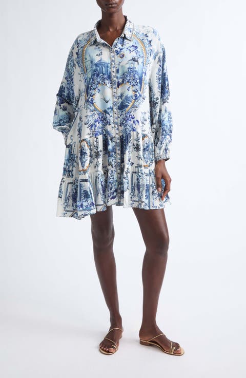 Tiered Long Sleeve Silk Dress