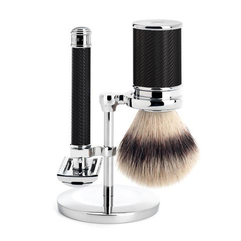 Black/Chrome Silvertip Fibre / Safety Razor (Open Comb) Shaving Set