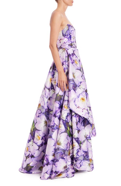 Badgley Mischka Strapless Floral-print Ruffle Gown In Lilac Multi