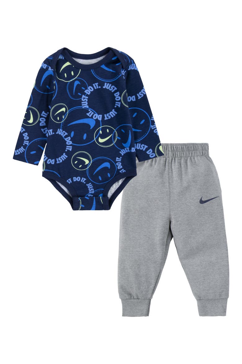 Happy Long Sleeve Bodysuit & Pants Set, Main, color, DARK GREY