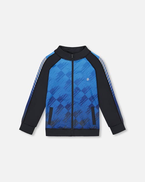 Deux Par Deux Little Boy's Printed Full Zip Athletic Cardigan Blue And Black In Blue And Black