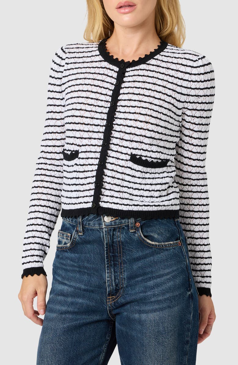 Lush Stripe Scalloped Cotton Crop Cardigan, Main, color, Black White
