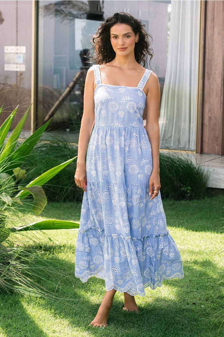 Lizzie Pinstripe Eyelet Tiered Midi Dress, Alternate, color, Sky/Natural