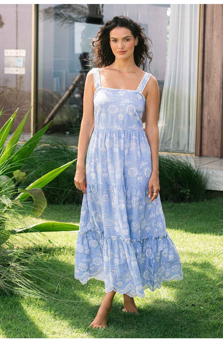Change of Scenery Lizzie Pinstripe Eyelet Tiered Midi Dress, Alternate, color, Sky/Natural