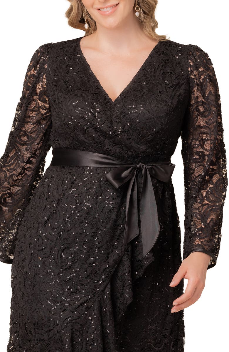 Kiyonna Cosmopolitan Sequin Lace Long Sleeve Cocktail Dress, Alternate, color, Onyx
