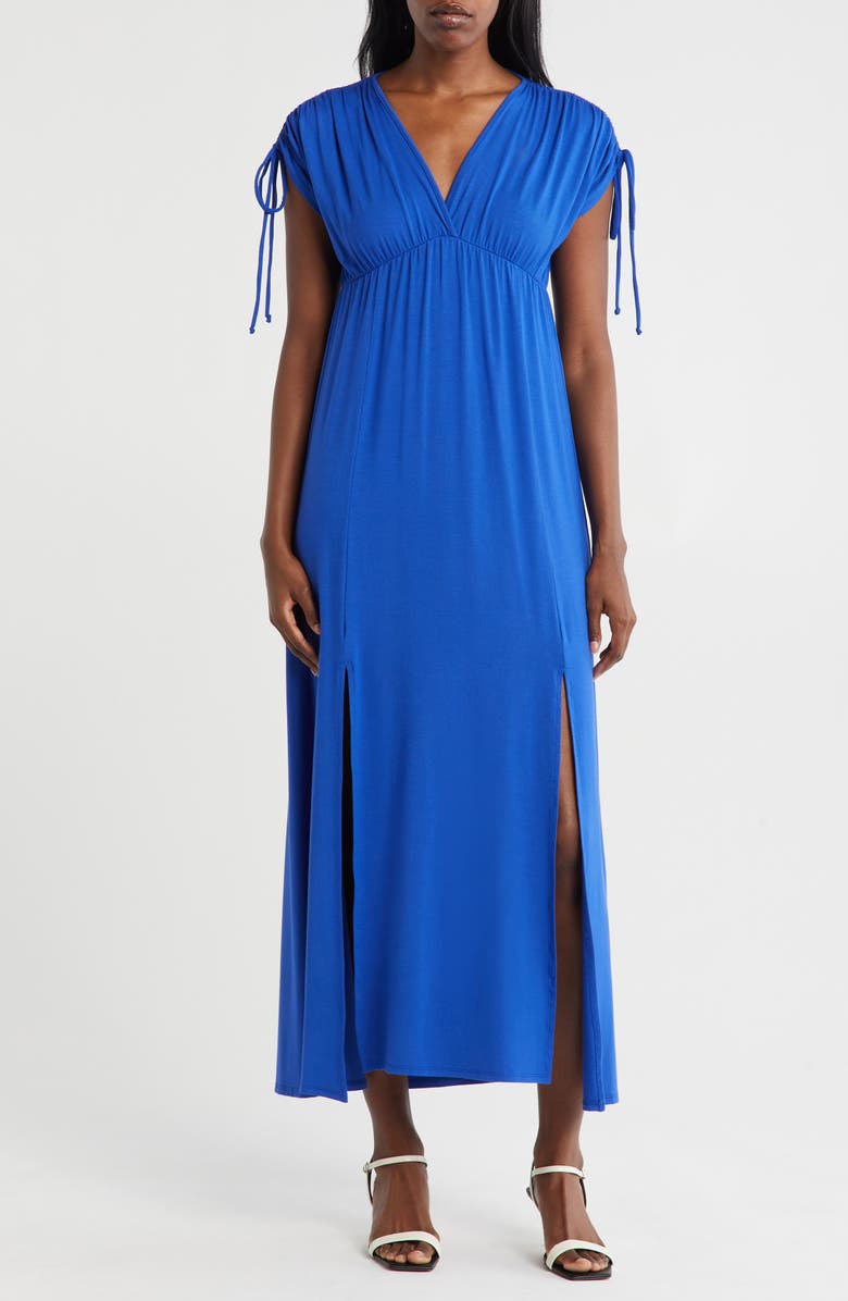 Loveappella Shoulder Tie Maxi Dress, Main, color, Royal