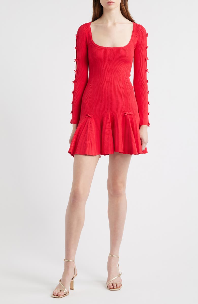 LoveShackFancy Seychelle Bow Long Sleeve Knit Minidress, Main, color, Candy Apple