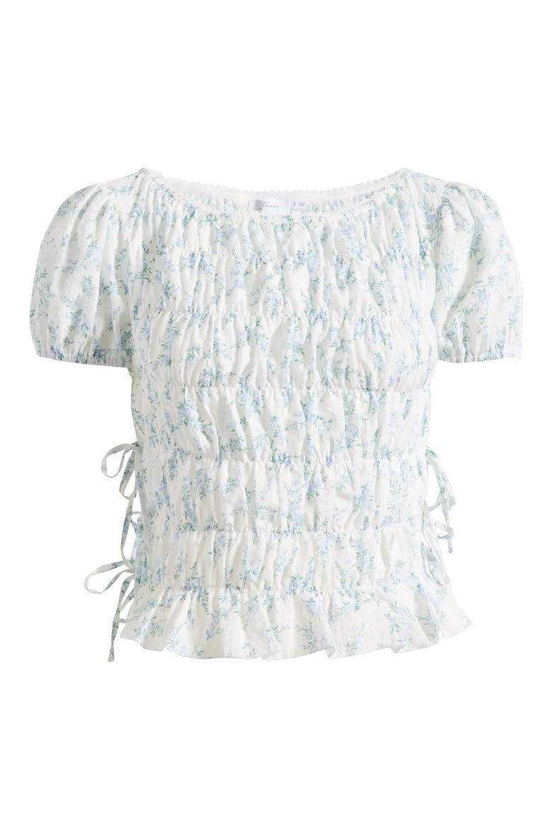 Floral Smocked Side Tie Cotton Top, Alternate, color, IVORY BLUE