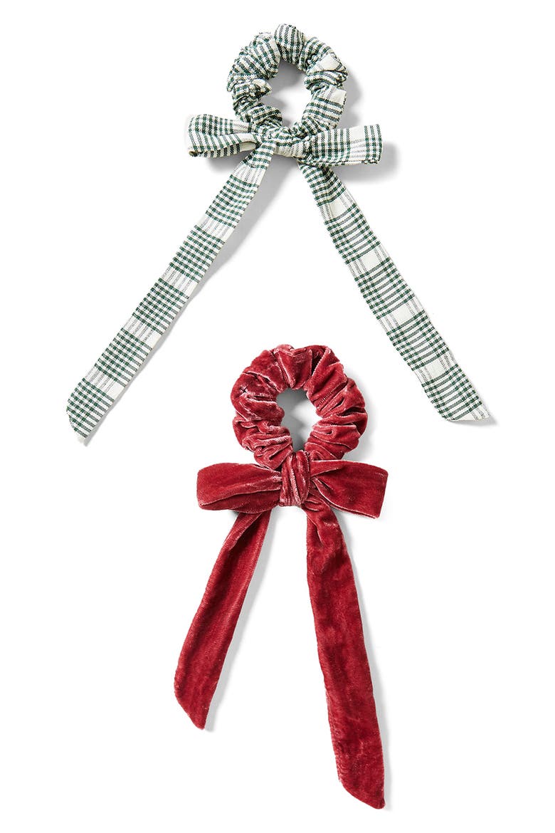 Dee Set of 2 Bow Scrunchies, Main, color, TEA ROSE/ EMERALD PLAID