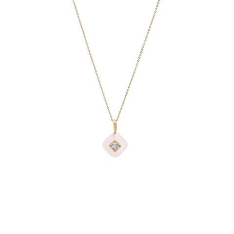 CZ Square Bezeled Natural Stone Pendant Necklace