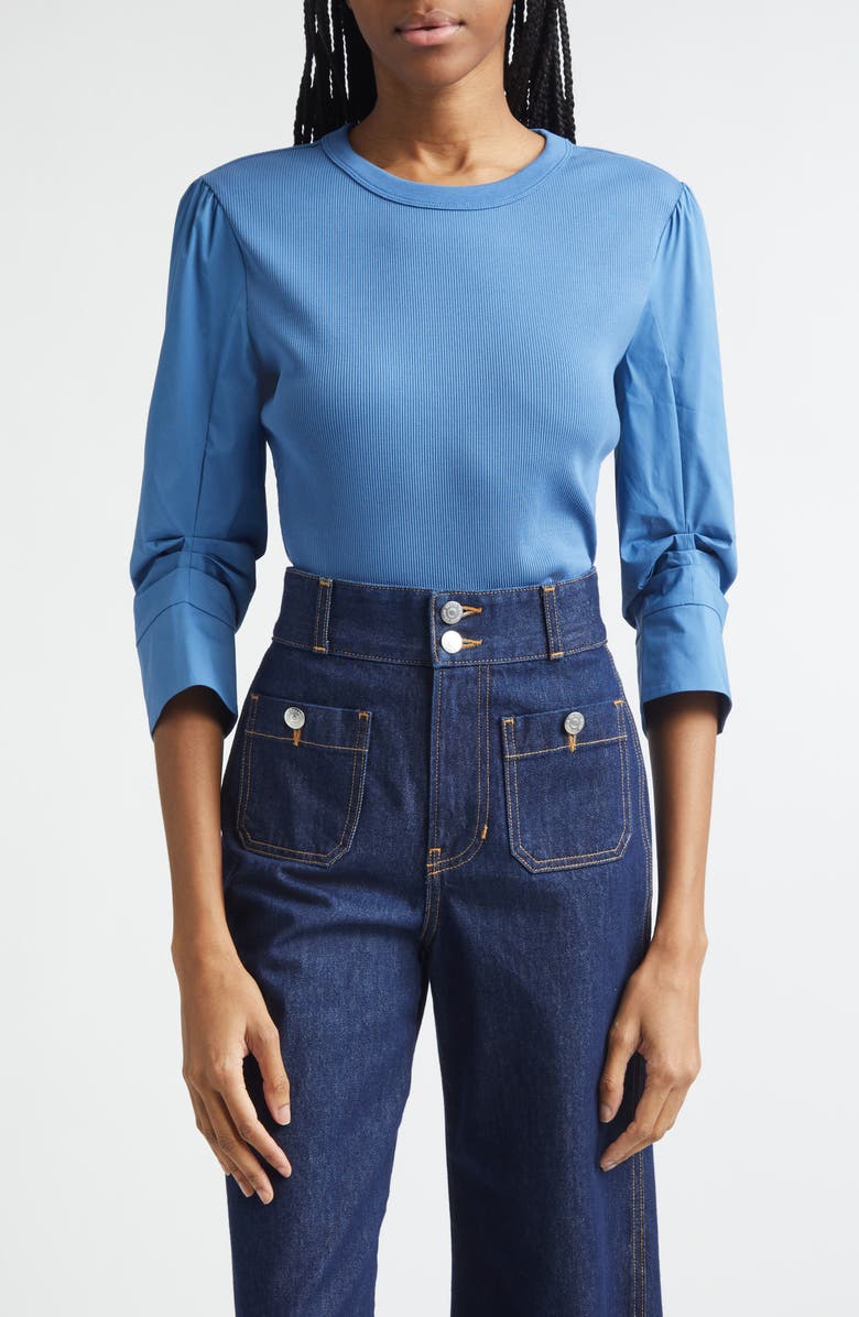 Veronica Beard Junia Mixed Media Top, Main, color, Blue Coast
