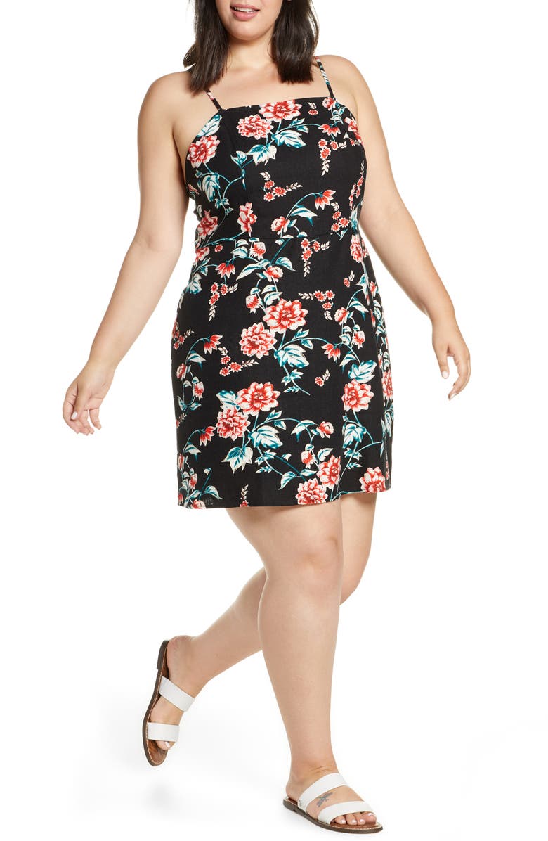 BP. Floral Print Linen Blend Minidress, Main, color, 