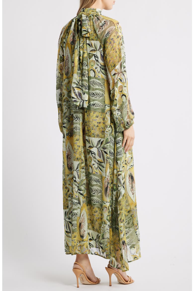Botanical Tie-Neck Maxi Dress, Alternate, color, GREEN MULTI ABSTRACT