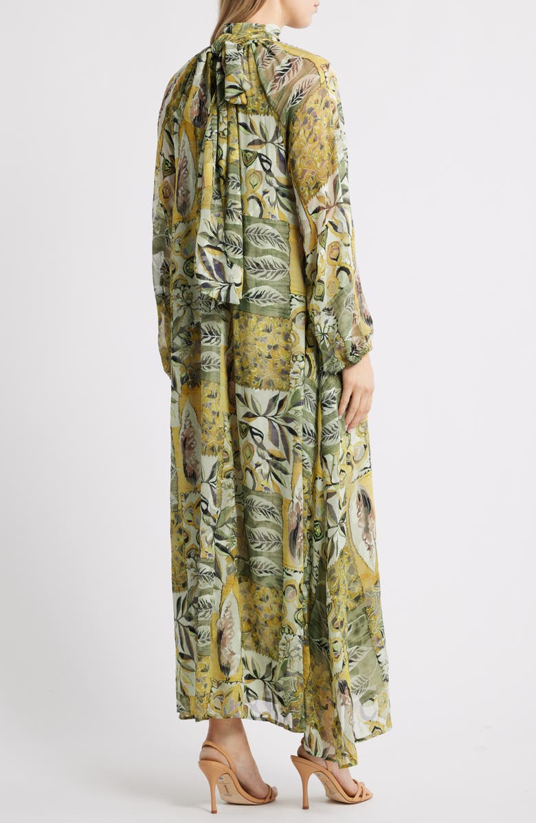 MELLODAY Botanical Tie-Neck Maxi Dress, Alternate, color, Green Multi Abstract