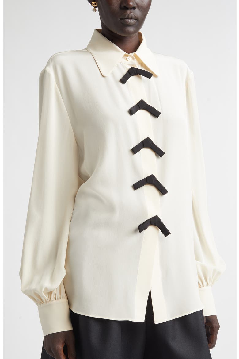 Bow Detail Silk Crêpe de Chine Button-Up Shirt, Alternate, color, VANILLA