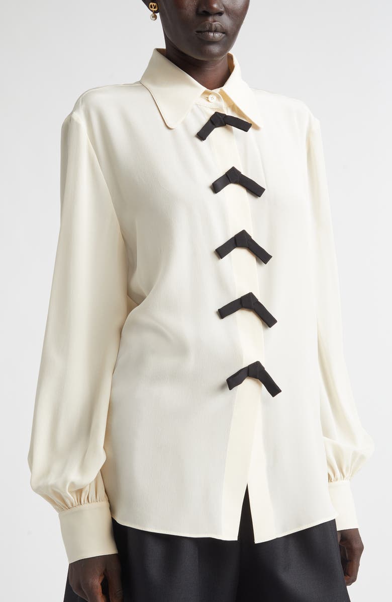 Valentino Bow Detail Silk Crêpe de Chine Button-Up Shirt, Alternate, color, Vanilla