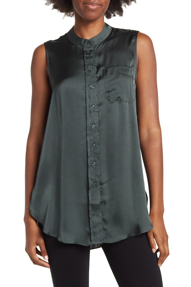 Sleeveless Satin Button-Up Tunic, Main, color, HUNTER