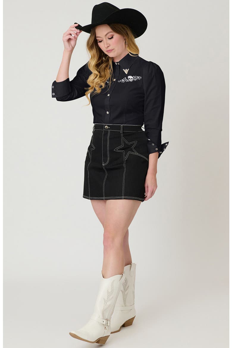 1940s Collar Tipped Blouse, Alternate, color, Black w/ Skull Embroidered