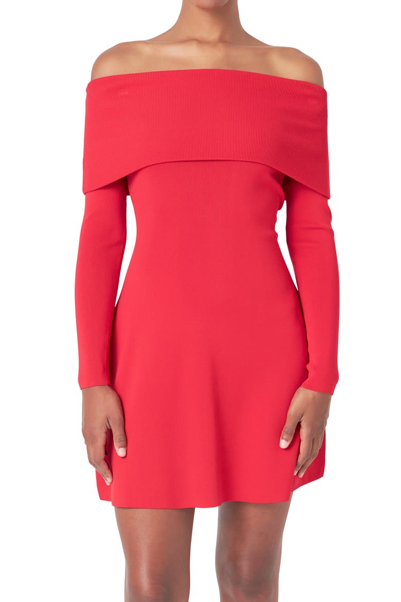 Long Sleeve Off the Shoulder Knit Minidress, Alternate, color, RED