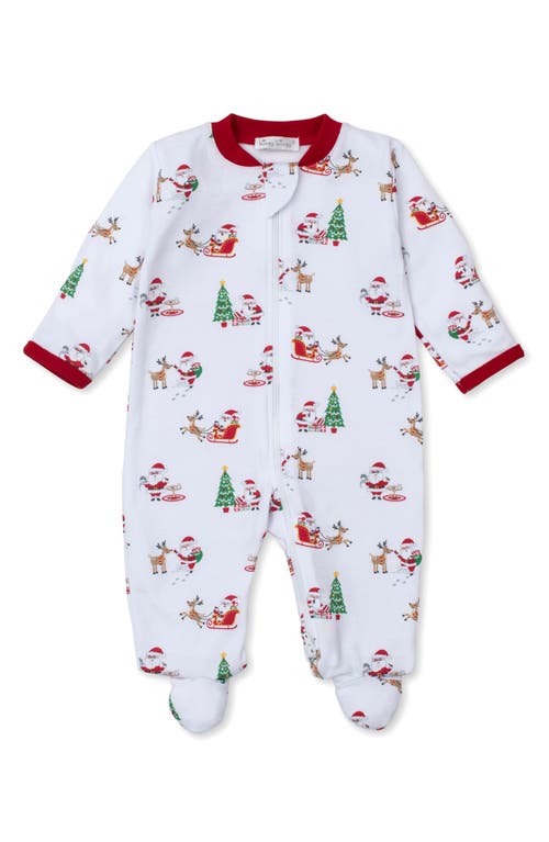 Kissy Kissy Santa Print Pima Cotton Zip Footie in White Red 