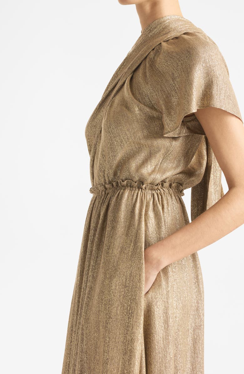 ST. JOHN Metallic Wrap Bodice Midi Dress, Alternate, color, Gold