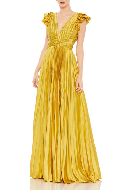 Pleated Ruffled Cap Sleeve Cut Out Lace Up Gown