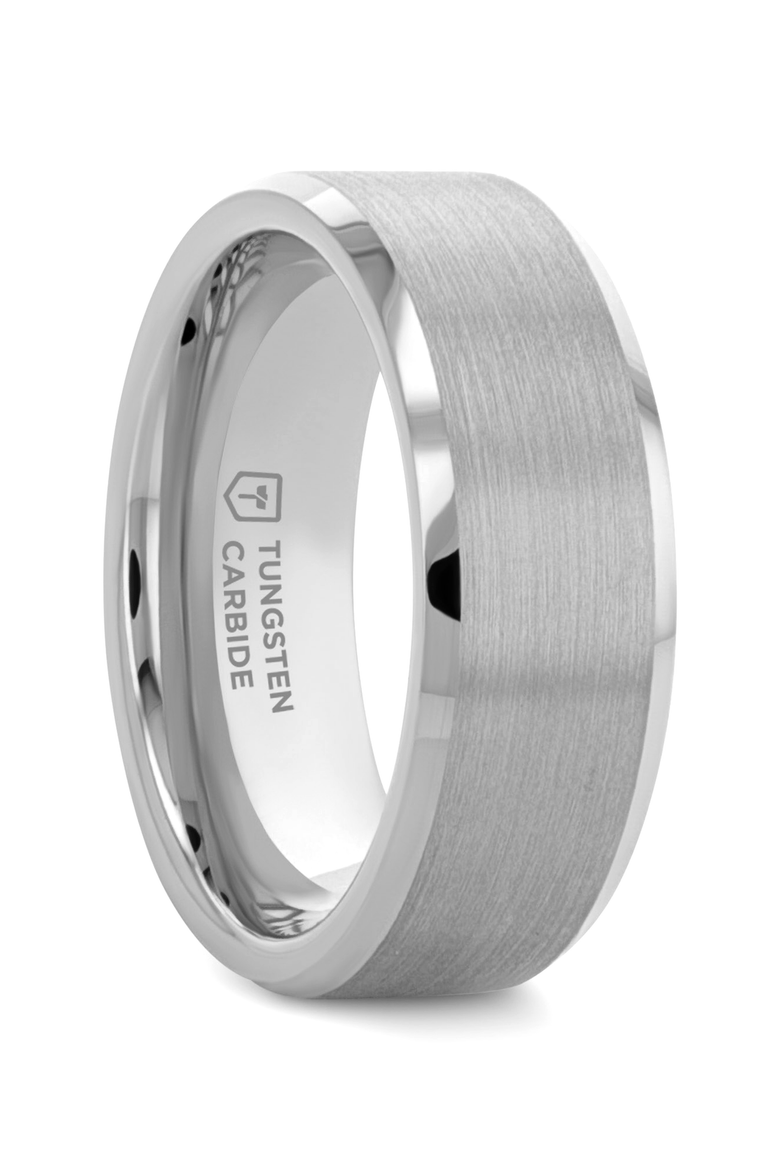 Sheffield Flat Beveled Tungsten Carbide Wedding Band Brushed Center Comfort Fit, Main, color, Metallic Silver 4mm