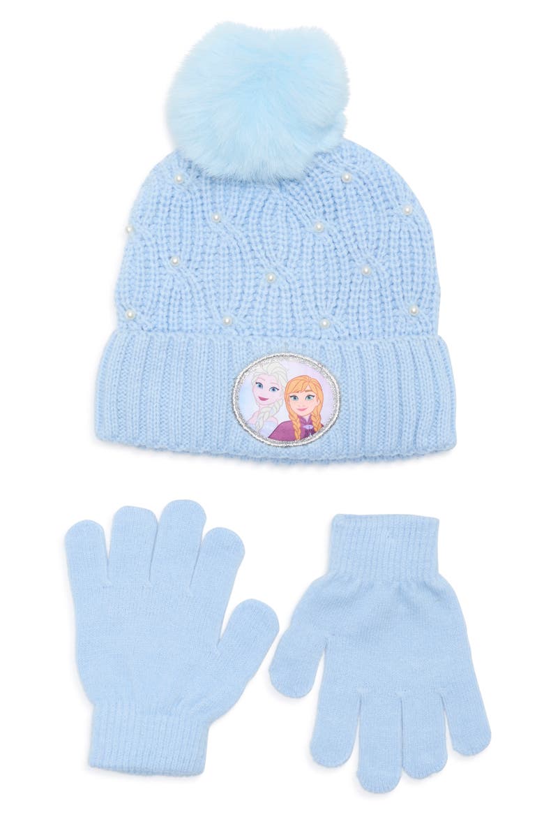 Kids' Frozen Faux Pearl Pom Beanie & Gloves Set, Main, color, BLUE