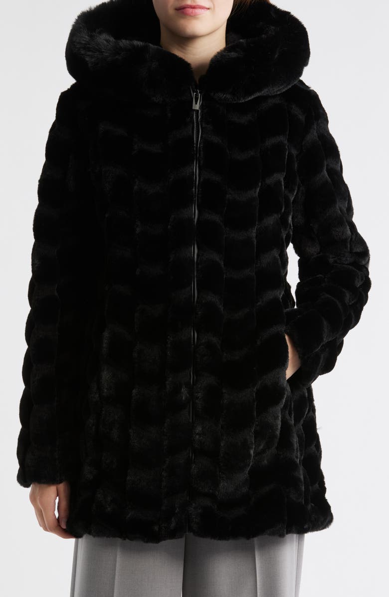 Via Spiga Grooved Faux Fur Hooded Coat, Main, color, Black