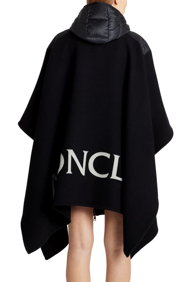 Mantella Down Hood Logo Jacquard Wool Cape, Alternate, color, BLACK