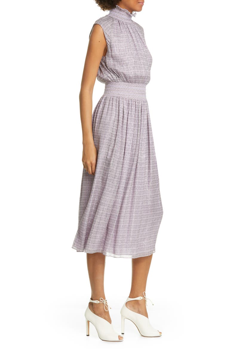 Smocked Metallic Silk Chiffon Midi Dress, Alternate, color, LAVENDER MULTI