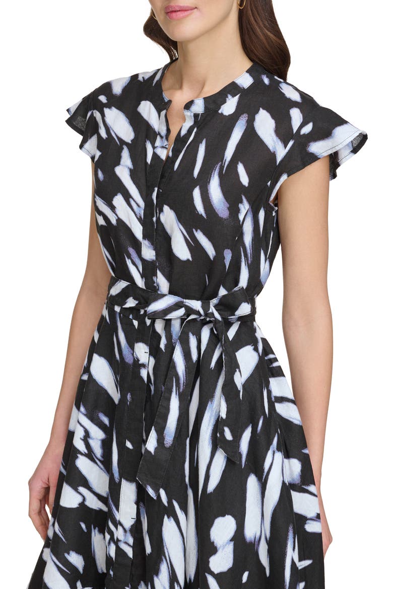 Print Cap Sleeve Linen Shirtdress, Alternate, color, BLACK/ WAVE BLUE MULTI