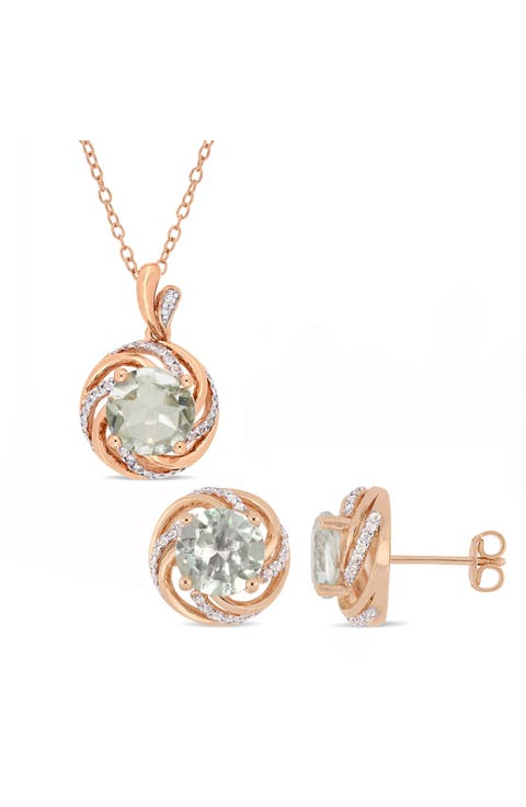 Green Quartz & Diamond Swirl Stud Earrings & Pendant Necklace Set