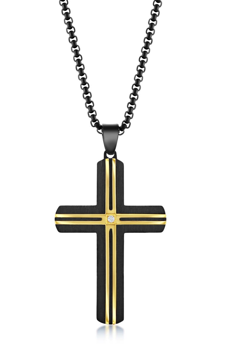 Men's Cubic Zirconia Cross Pendant Necklace, Main, color, BLACK/ GOLD