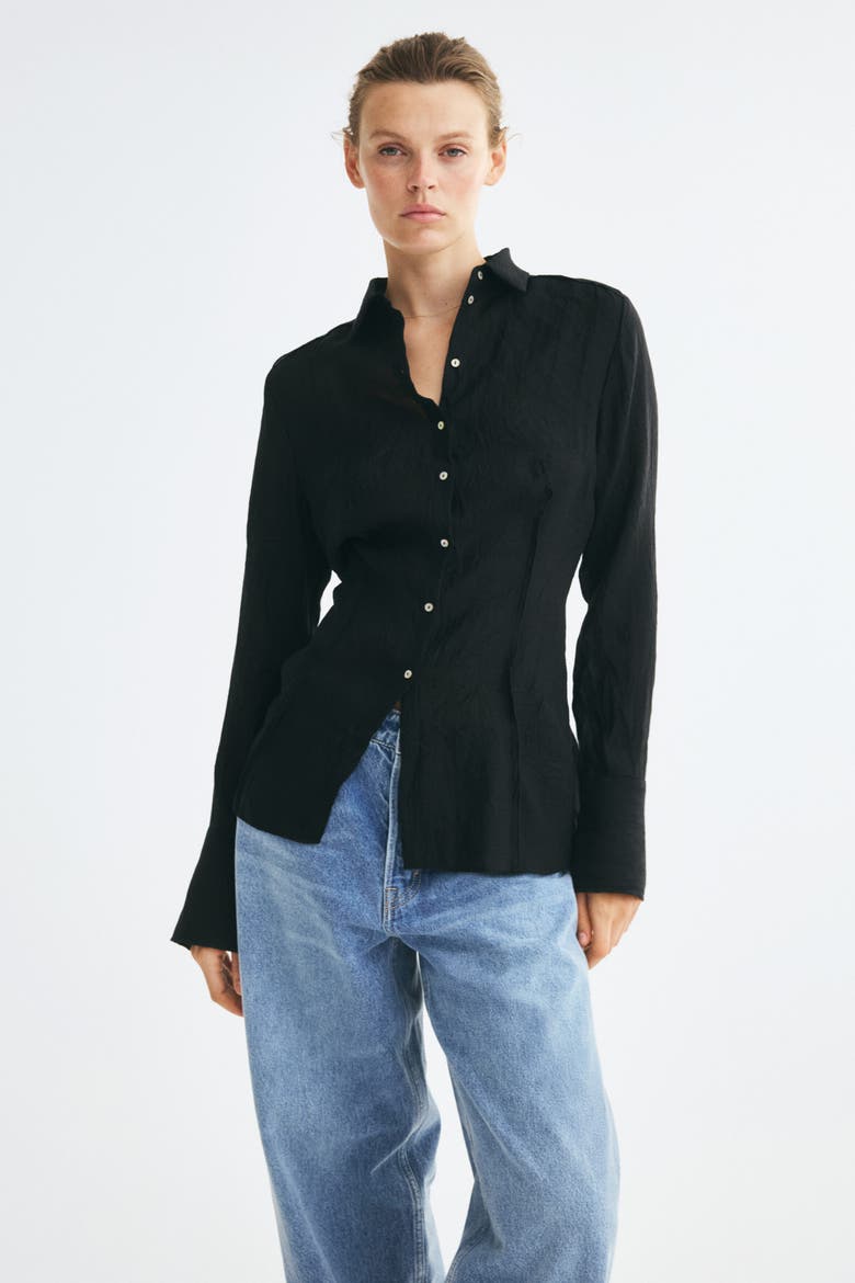 Crinkled Lyocell-blend Shirt, Main, color, Black