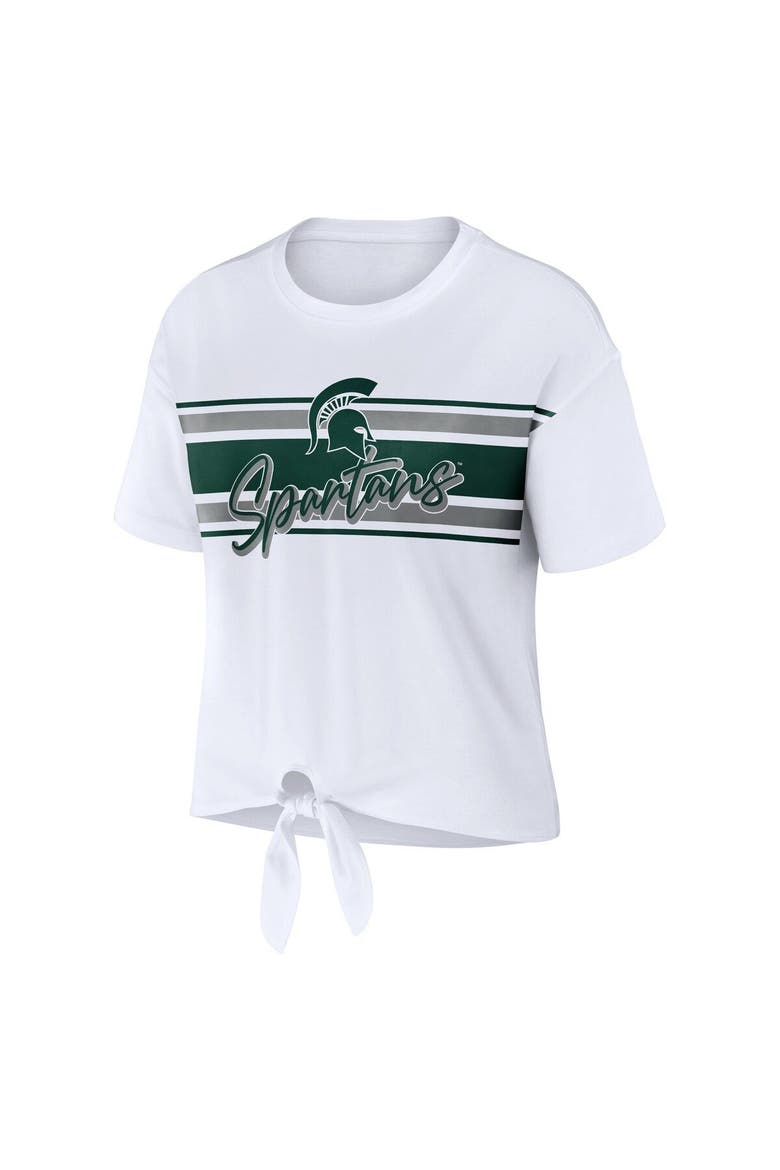 Women's WEAR by Erin Andrews White Michigan State Spartans Striped Front Knot Cropped T-Shirt, Alternate, color, White