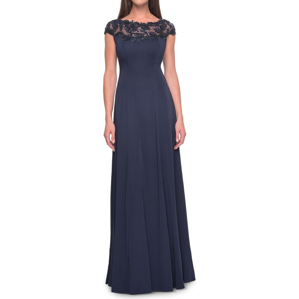 La Femme A-line Satin Dress With Stunning Beaded Neckline And Short Sleeves In Navy