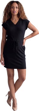 24seven Comfort Apparel Maternity Essential Ribbed Knit V-Neck Drawstring Waist Pocket Knee-Length Dress