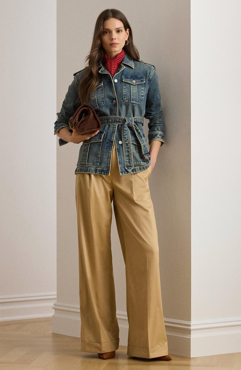 Lauren Ralph Lauren Pleat Front Wide Leg Cotton Twill Pants, Alternate, color, Birch Tan