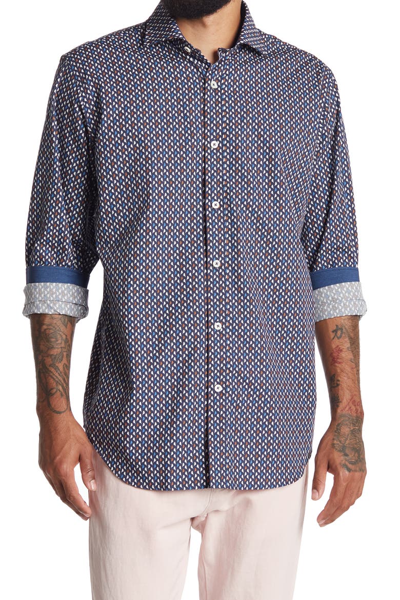 Long Sleeve Print Woven Shaped Fit Shirt, Main, color, MIDNIGHT