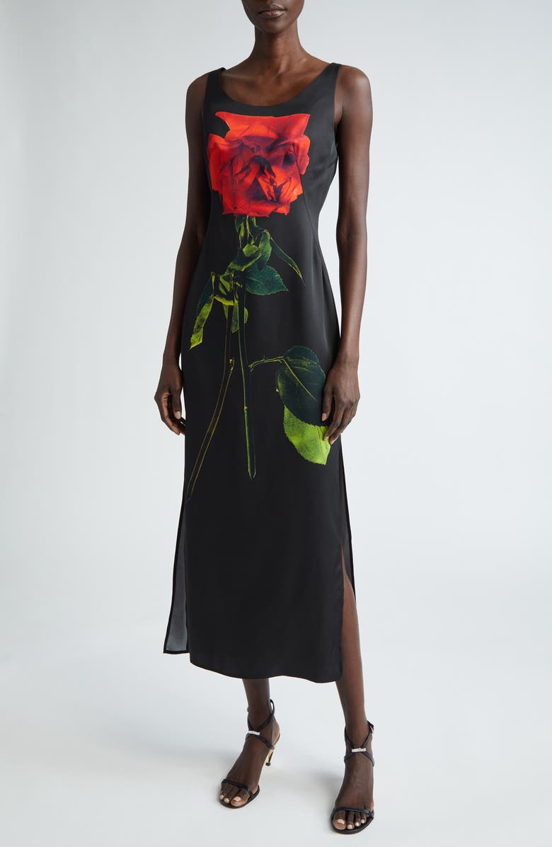 McQueen Rose Print Silk Cocktail Dress, Main, color, 