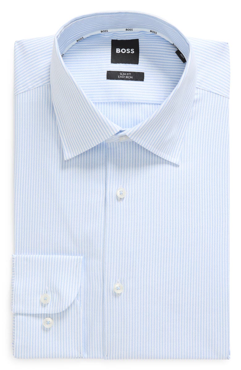 BOSS Hank Slim Fit Easy Iron Stripe Stretch Dress Shirt, Main, color, Light Blue