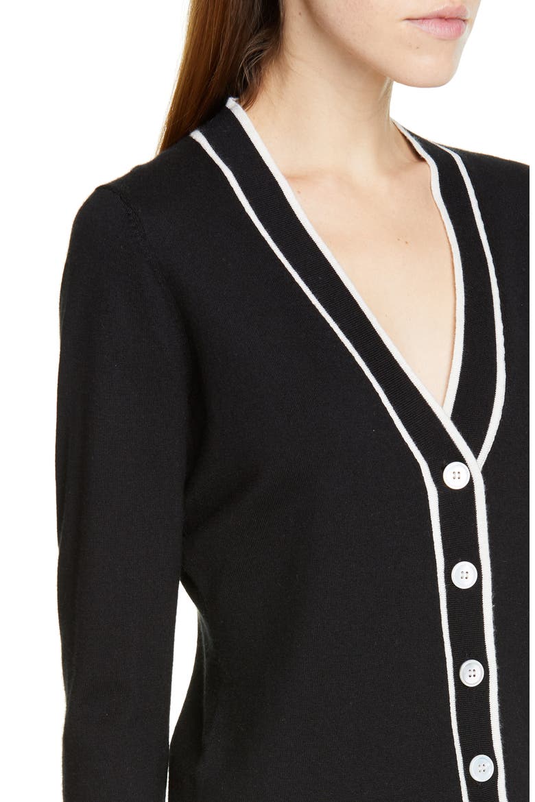 Tipped V-Neck Cardigan, Alternate, color, BLACK- IVORY TIP COMBO