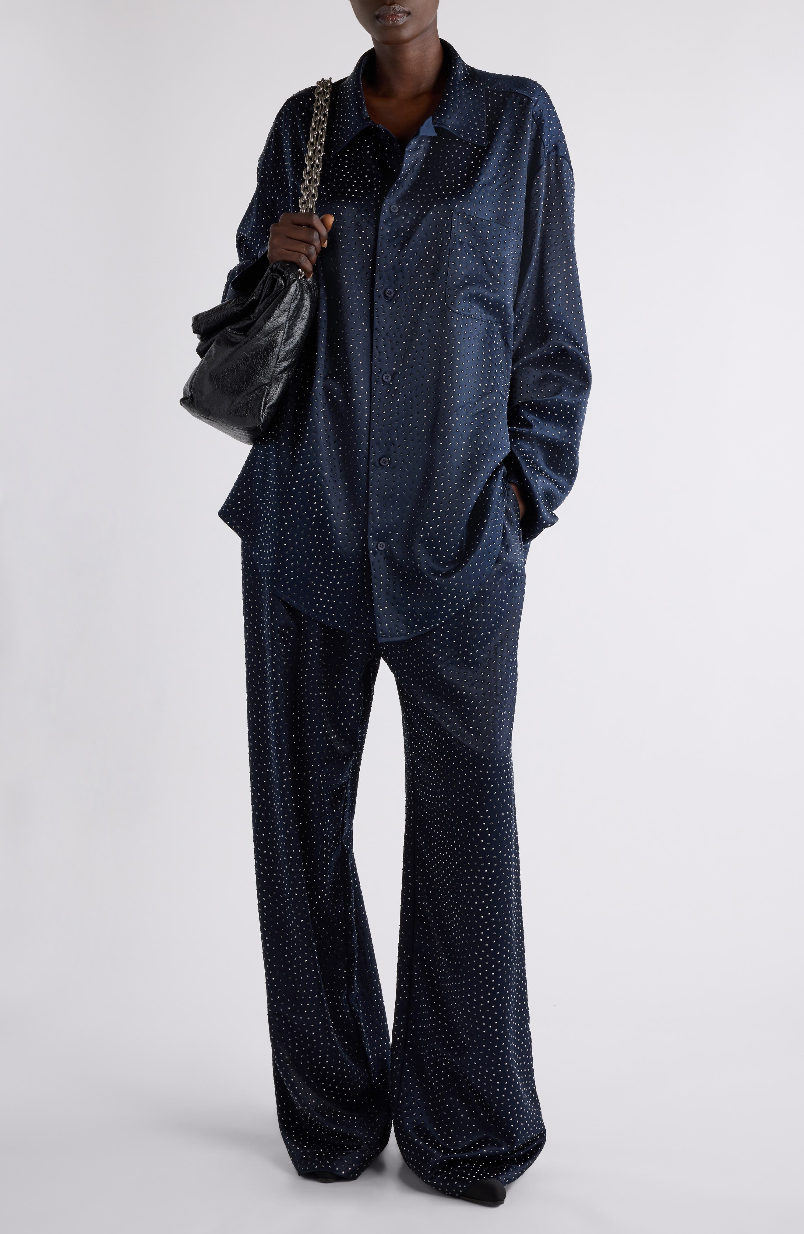 Crystal Embellished Oversize Satin Button-Up Shirt - image 2
